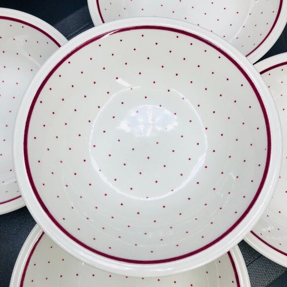 Vintage 60s BILTONS England Ironstone Coupe Bowl Set of 5 - Cranberry Polka Dot - Picture 4 of 10
